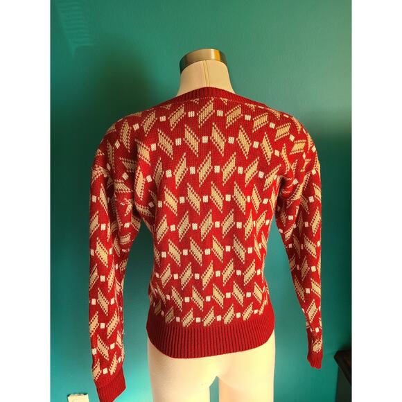 1970s Vintage Red Knit Sweater Retro Geometric V-Neck Pullover Size Medium - Picture 4 of 6